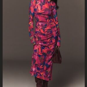 FARM Rio Pink Floral Long-Sleeve Ruched Midi Dress